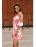 Cream dress with straps and sleeves in pink leaves PR3215 - Online store - Boutique